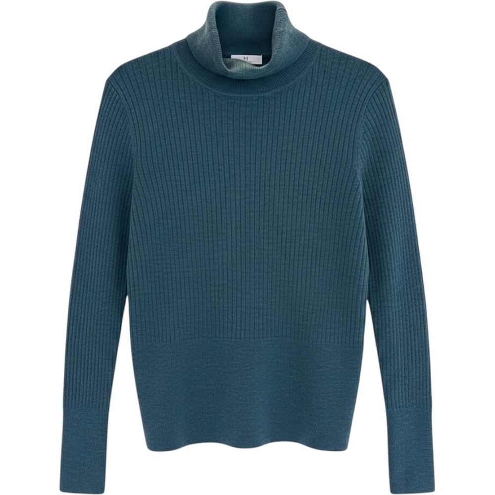 Halston Teal Blue 100% Extra Fine Merino Wool Ribbed Turtleneck Sweater XL